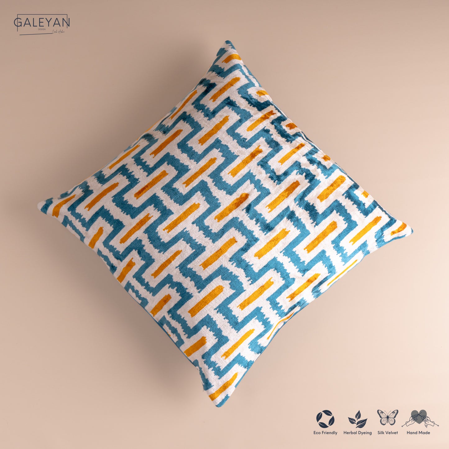 Silk Velvet Ikat Cushion – Off White/Turquoise/Saffron Gold