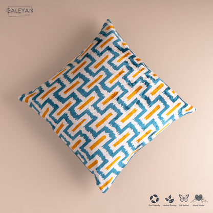 Silk Velvet Ikat Cushion – Off White/Turquoise/Saffron Gold