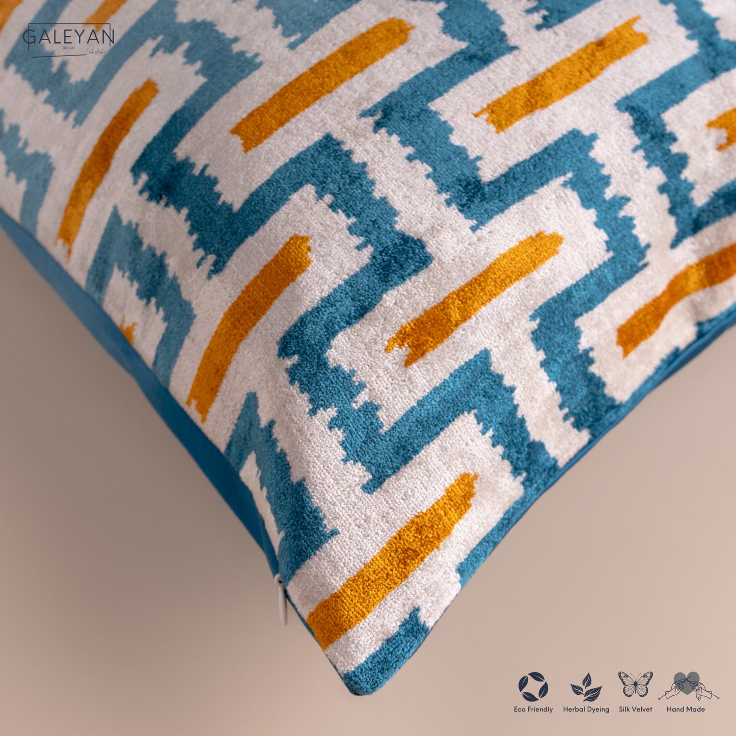 Silk Velvet Ikat Cushion – Off White/Turquoise/Saffron Gold