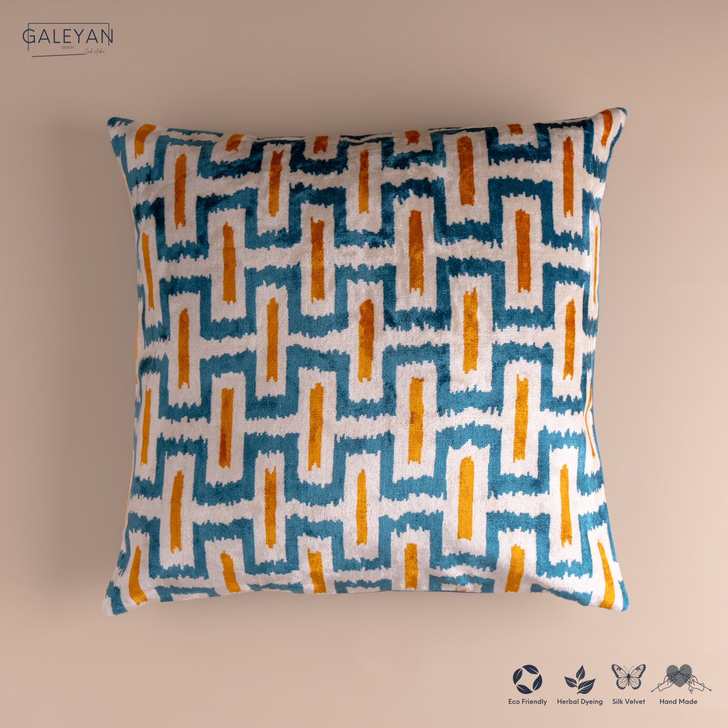 Silk Velvet Ikat Cushion – Off White/Turquoise/Saffron Gold