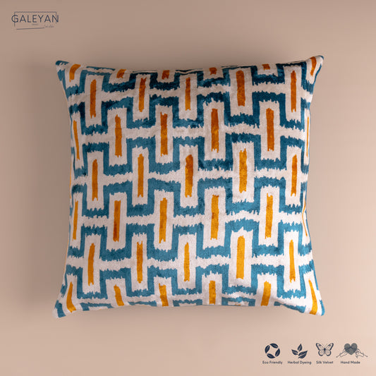 Silk Velvet Ikat Cushion – Off White/Turquoise/Saffron Gold