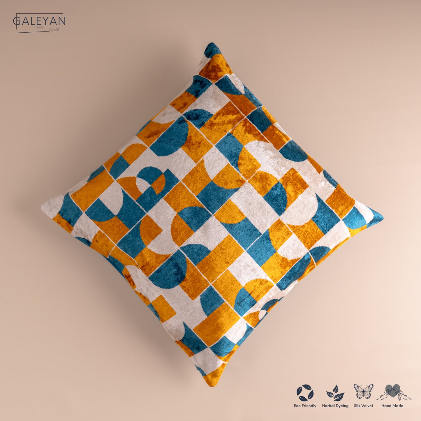 Silk Velvet Ikat Cushion – Off White/Turquoise/Saffron Gold