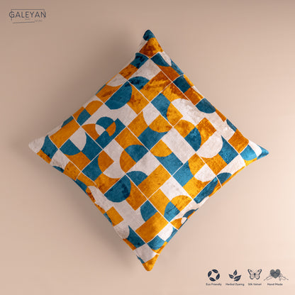 Silk Velvet Ikat Cushion – Off White/Turquoise/Saffron Gold