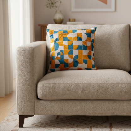 Silk Velvet Ikat Cushion – Off White/Turquoise/Saffron Gold