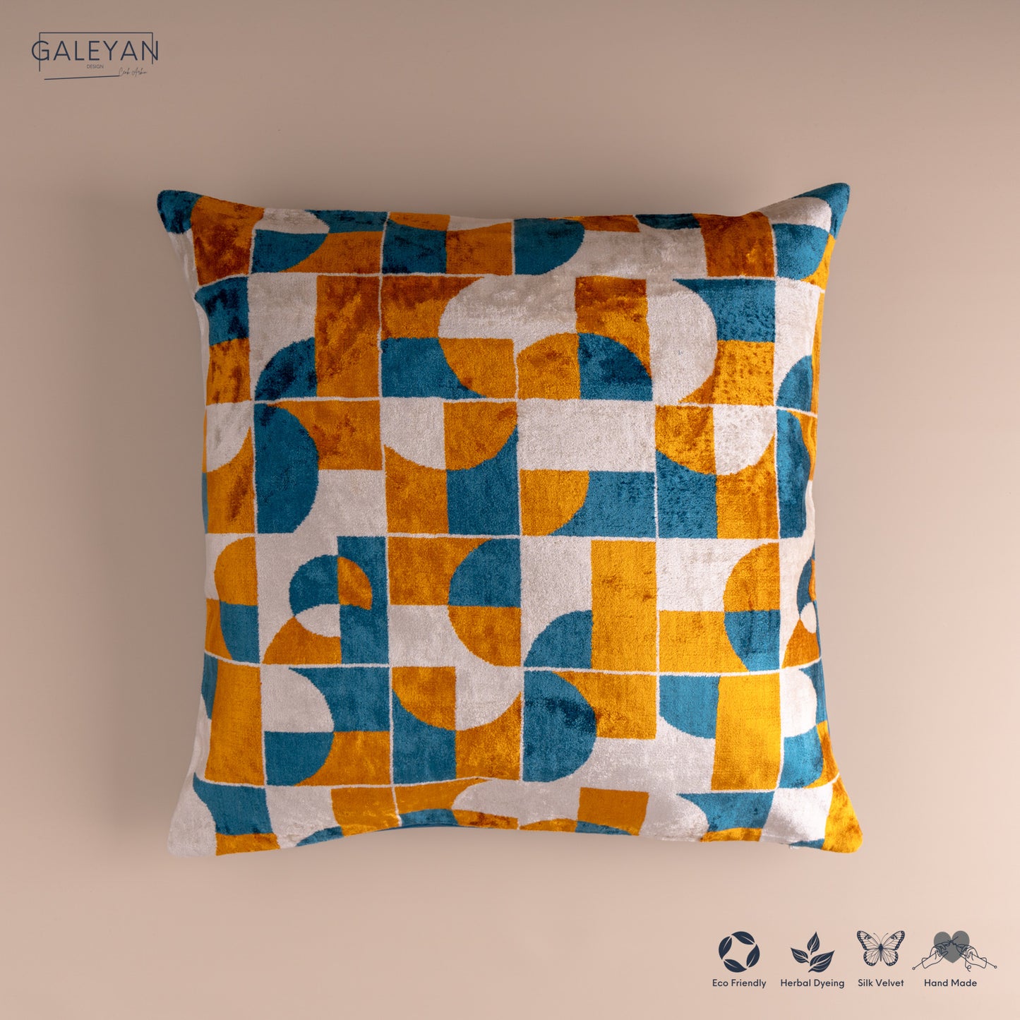 Silk Velvet Ikat Cushion – Off White/Turquoise/Saffron Gold