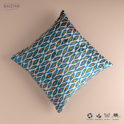 Silk Velvet Ikat Cushion – Off White/Turquoise/Saffron Gold