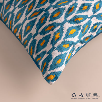 Silk Velvet Ikat Cushion – Off White/Turquoise/Saffron Gold