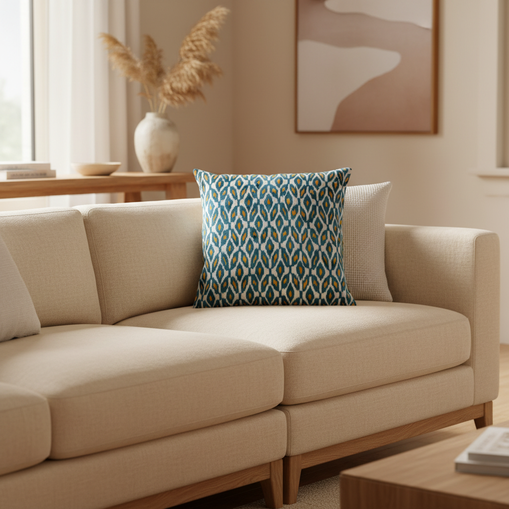 Silk Velvet Ikat Cushion – Off White/Turquoise/Saffron Gold