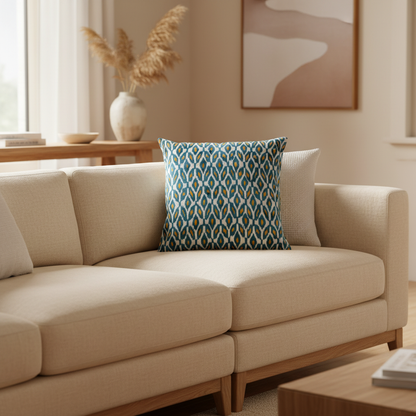 Silk Velvet Ikat Cushion – Off White/Turquoise/Saffron Gold