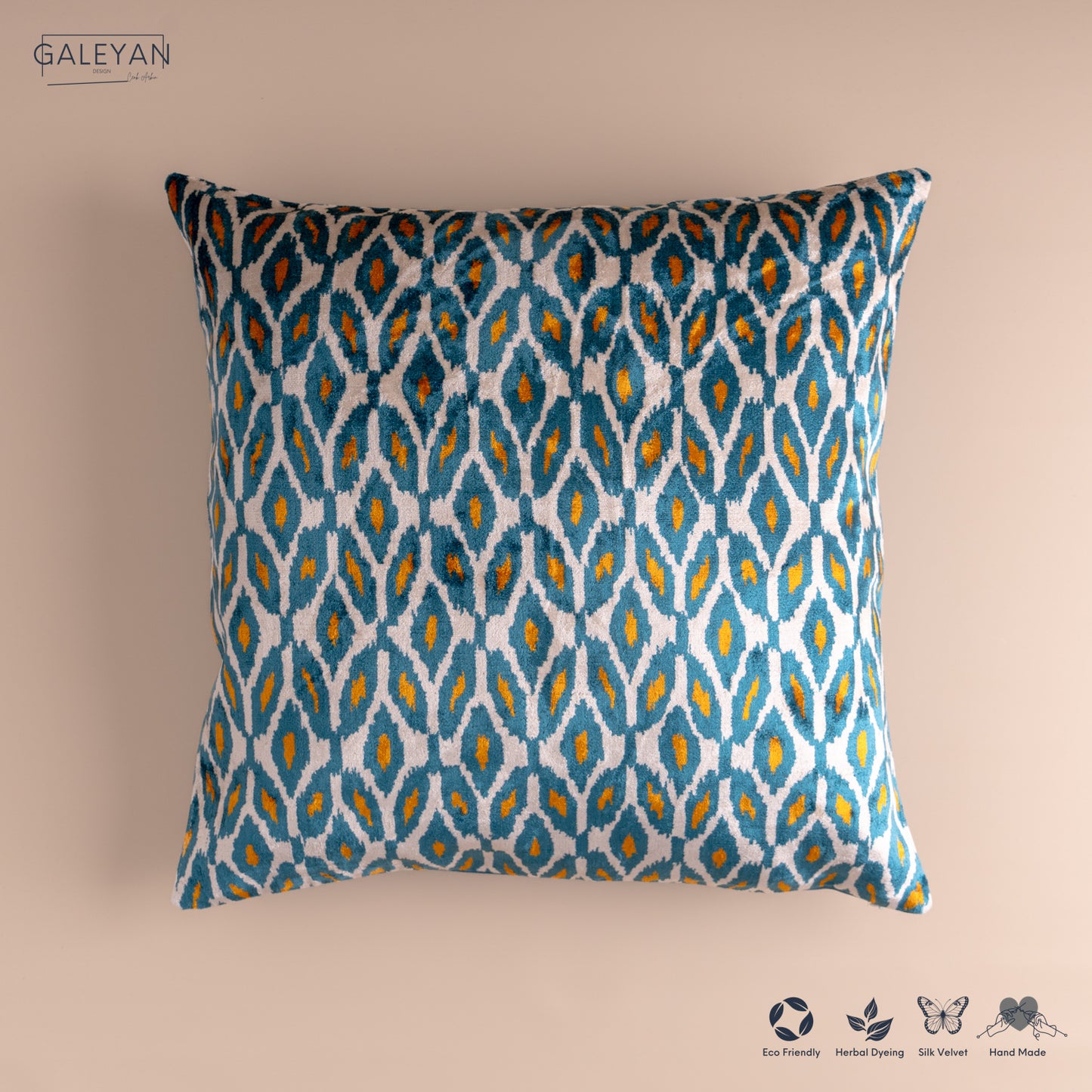 Silk Velvet Ikat Cushion – Off White/Turquoise/Saffron Gold