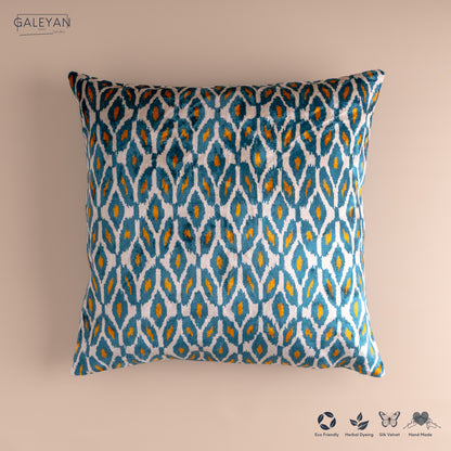 Silk Velvet Ikat Cushion – Off White/Turquoise/Saffron Gold