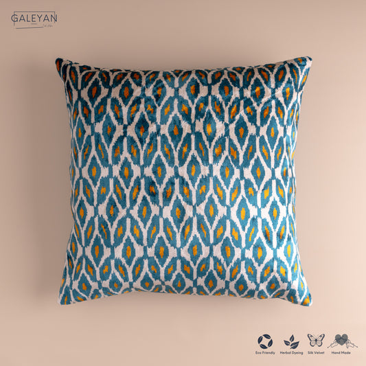 Silk Velvet Ikat Cushion – Off White/Turquoise/Saffron Gold