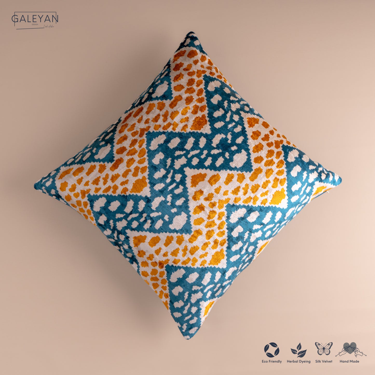 Silk Velvet Ikat Cushion – Off White/Turquoise/Saffron Gold