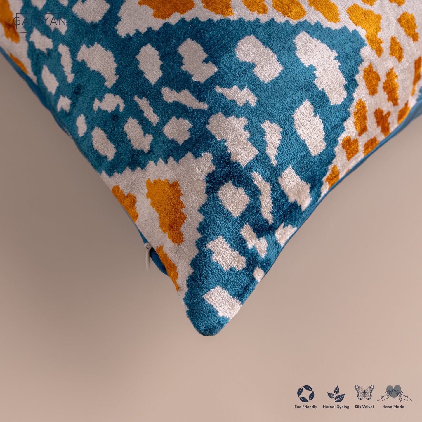 Silk Velvet Ikat Cushion – Off White/Turquoise/Saffron Gold