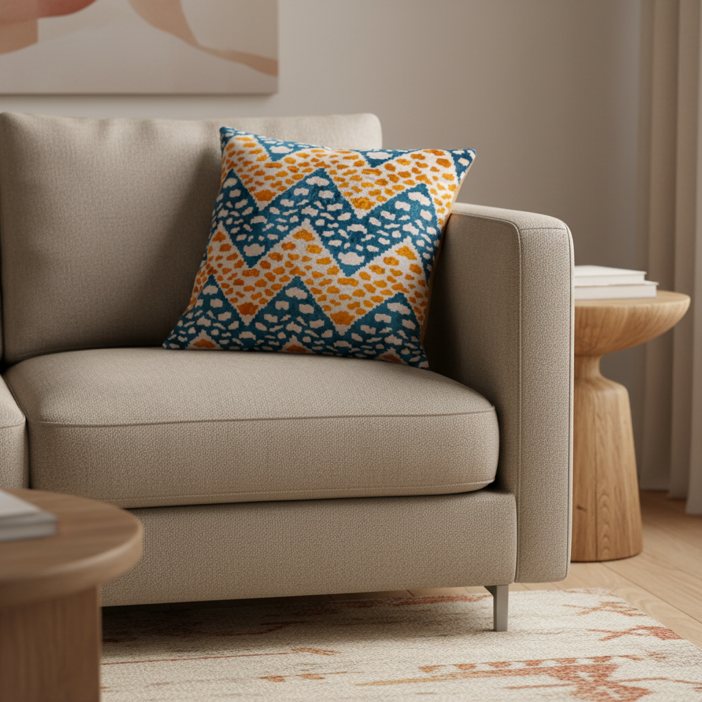 Silk Velvet Ikat Cushion – Off White/Turquoise/Saffron Gold