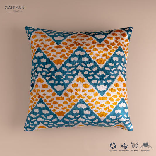 Silk Velvet Ikat Cushion – Off White/Turquoise/Saffron Gold