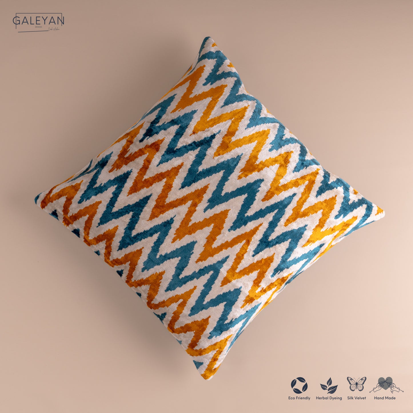Silk Velvet Ikat Cushion – Off White/Turquoise/Saffron Gold
