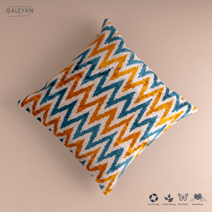 Silk Velvet Ikat Cushion – Off White/Turquoise/Saffron Gold