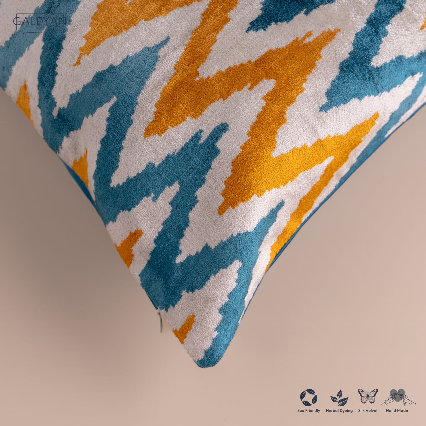 Silk Velvet Ikat Cushion – Off White/Turquoise/Saffron Gold