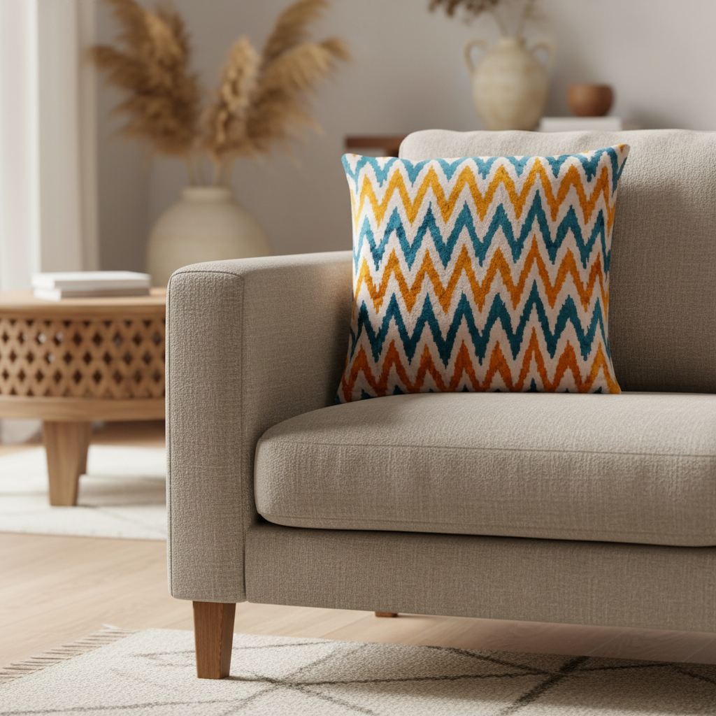 Silk Velvet Ikat Cushion – Off White/Turquoise/Saffron Gold