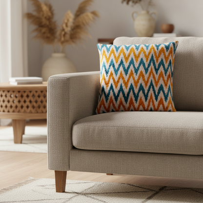 Silk Velvet Ikat Cushion – Off White/Turquoise/Saffron Gold