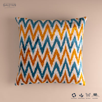 Silk Velvet Ikat Cushion – Off White/Turquoise/Saffron Gold