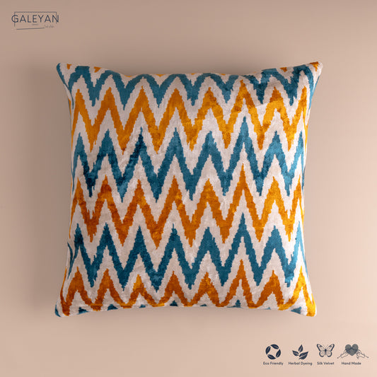 Silk Velvet Ikat Cushion – Off White/Turquoise/Saffron Gold