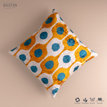 Silk Velvet Ikat Cushion – Off White/Turquoise/Saffron Gold
