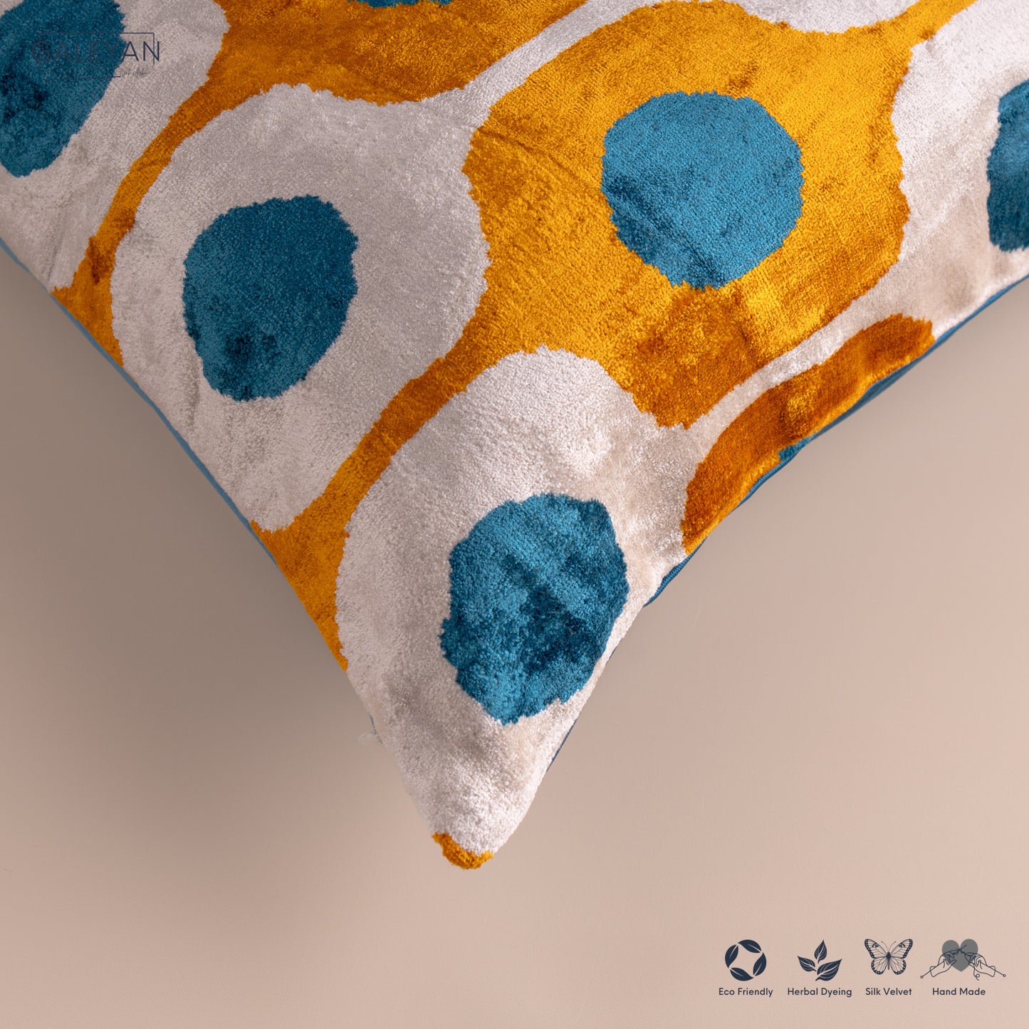 Silk Velvet Ikat Cushion – Off White/Turquoise/Saffron Gold