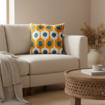 Silk Velvet Ikat Cushion – Off White/Turquoise/Saffron Gold
