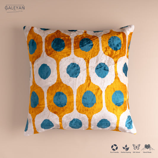 Silk Velvet Ikat Cushion – Off White/Turquoise/Saffron Gold