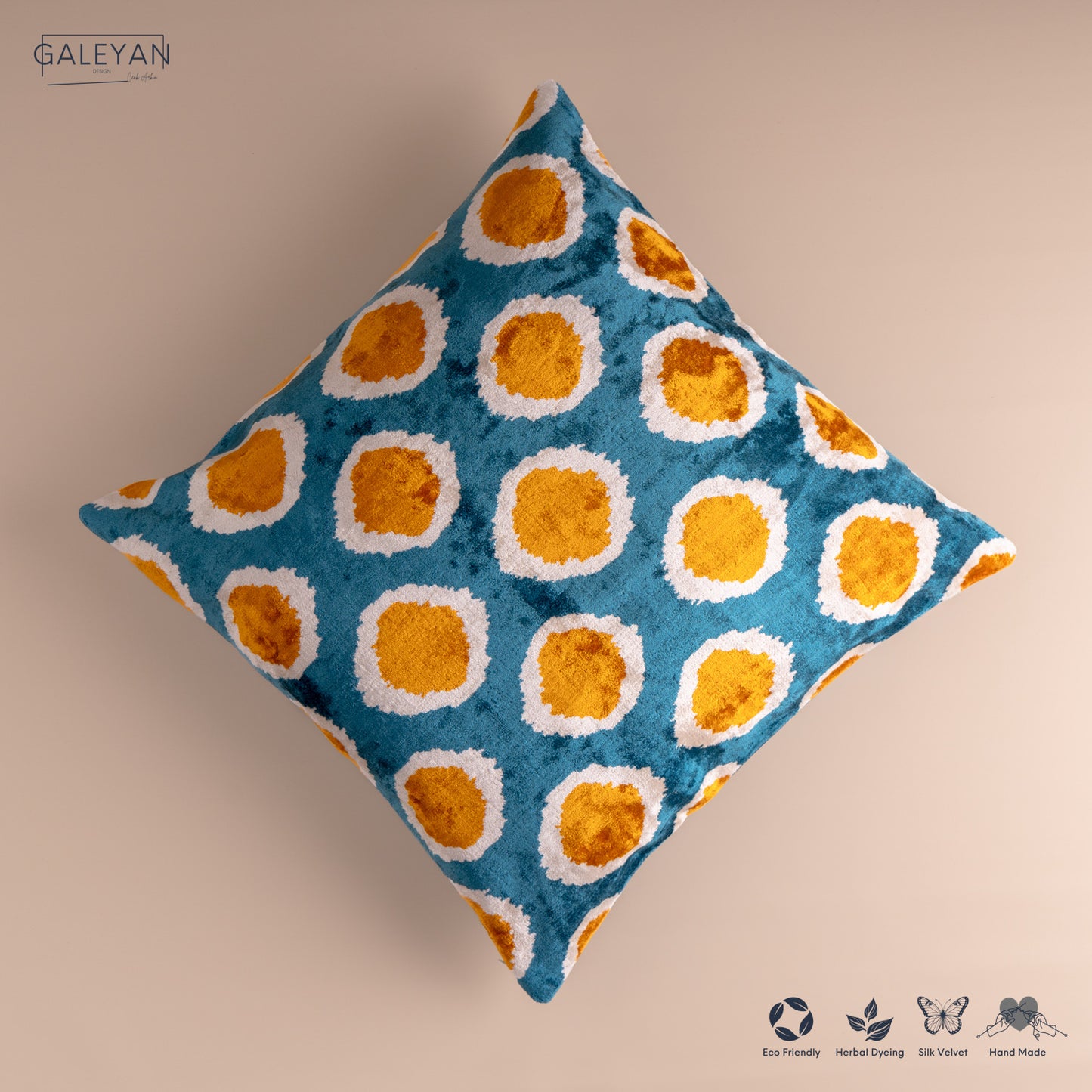 Silk Velvet Ikat Cushion – Off White/Turquoise/Saffron Gold