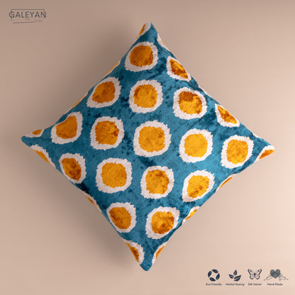Silk Velvet Ikat Cushion – Off White/Turquoise/Saffron Gold