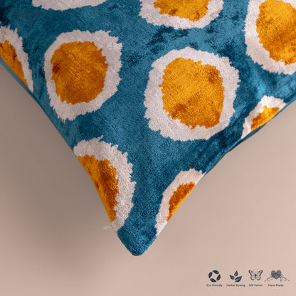 Silk Velvet Ikat Cushion – Off White/Turquoise/Saffron Gold