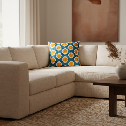 Silk Velvet Ikat Cushion – Off White/Turquoise/Saffron Gold