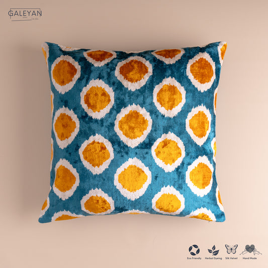 Silk Velvet Ikat Cushion – Off White/Turquoise/Saffron Gold