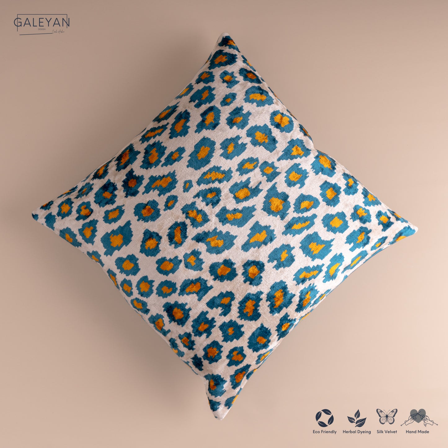 Silk Velvet Ikat Cushion – Off White/Turquoise/Saffron Gold