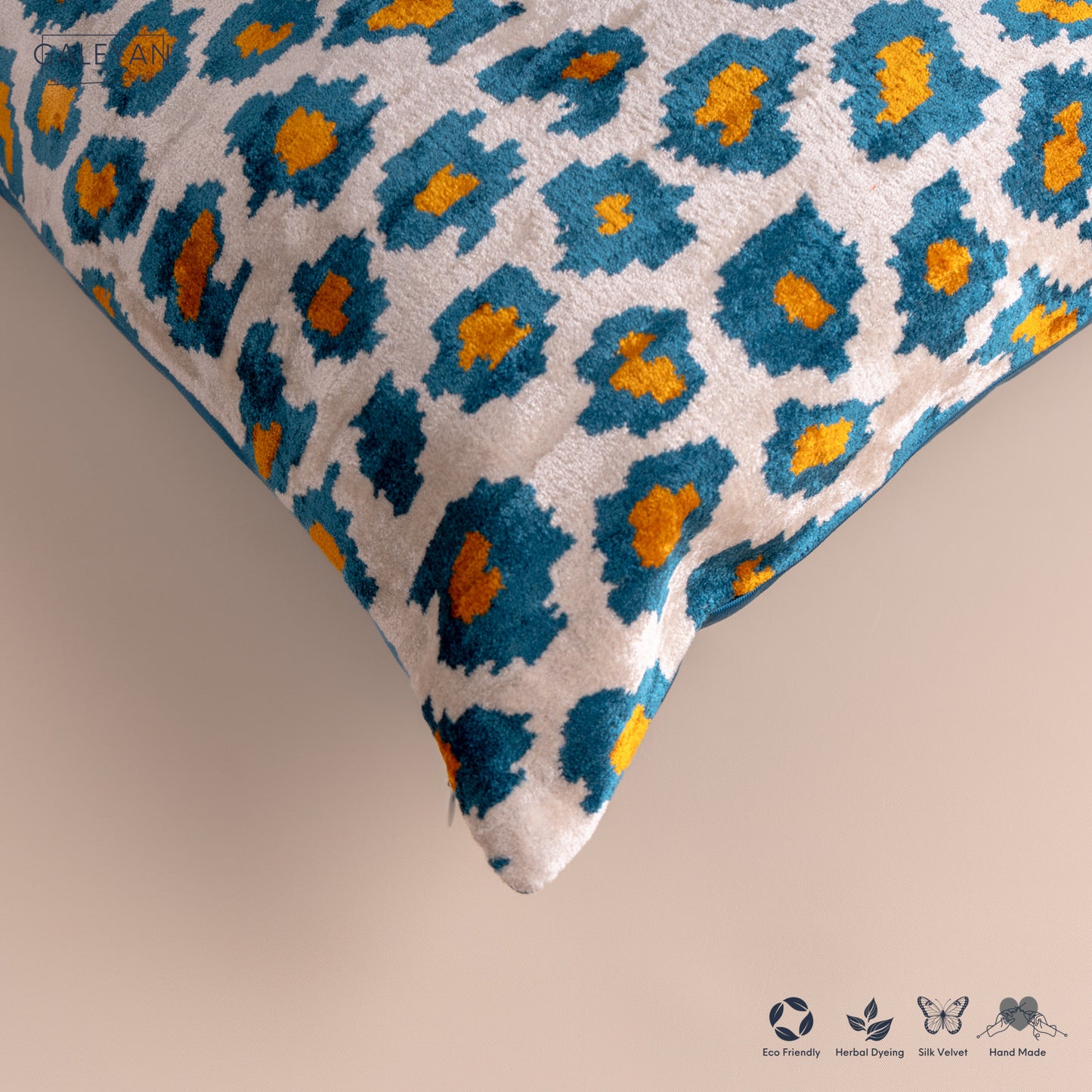 Silk Velvet Ikat Cushion – Off White/Turquoise/Saffron Gold