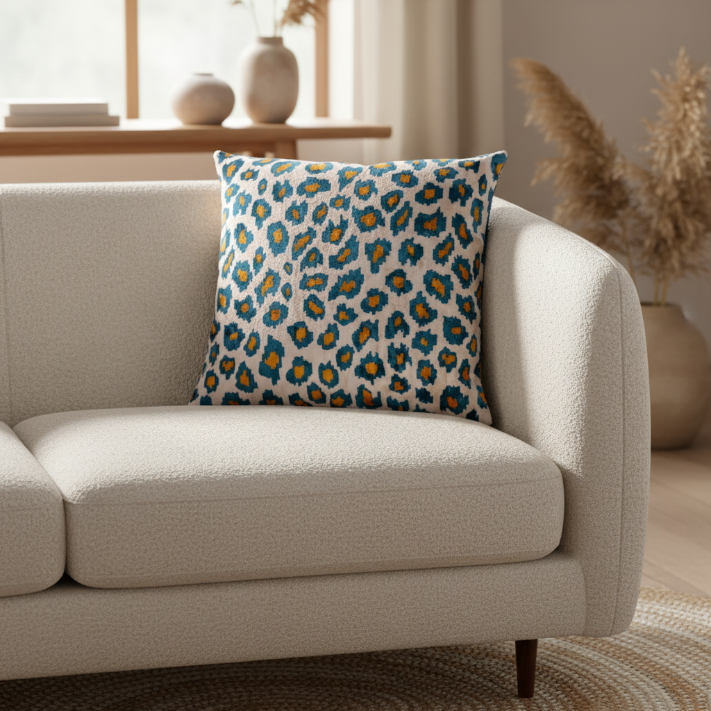 Silk Velvet Ikat Cushion – Off White/Turquoise/Saffron Gold