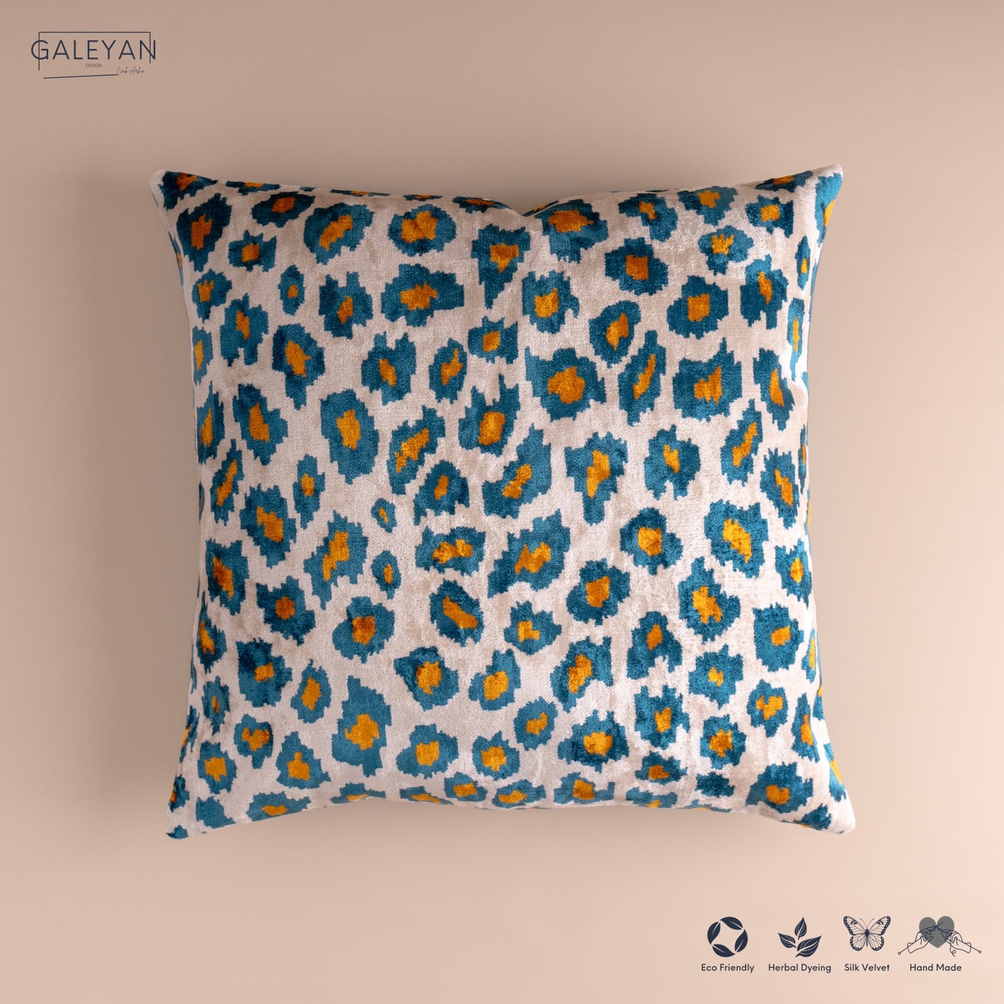 Silk Velvet Ikat Cushion – Off White/Turquoise/Saffron Gold