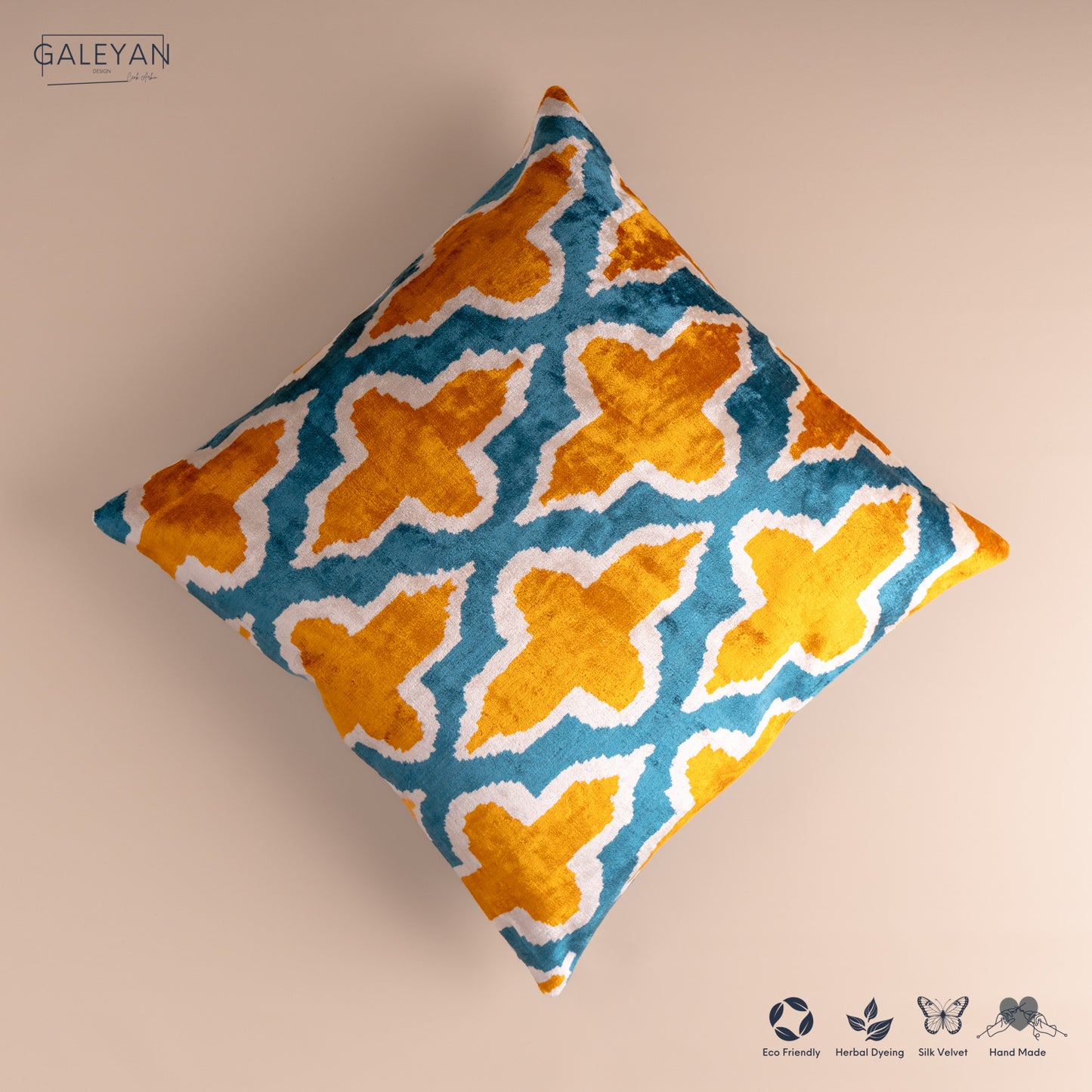 Silk Velvet Ikat Cushion – Off White/Turquoise/Saffron Gold