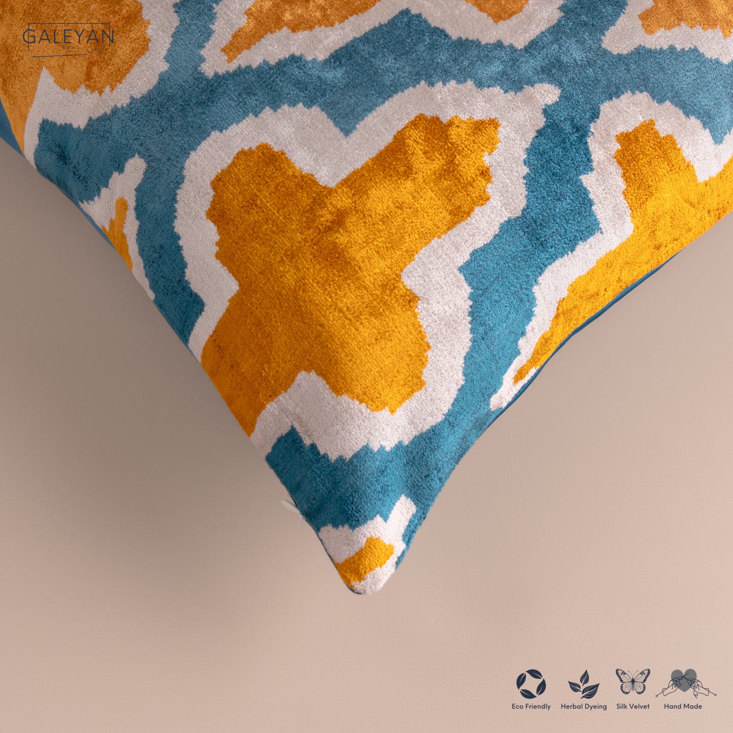 Silk Velvet Ikat Cushion – Off White/Turquoise/Saffron Gold