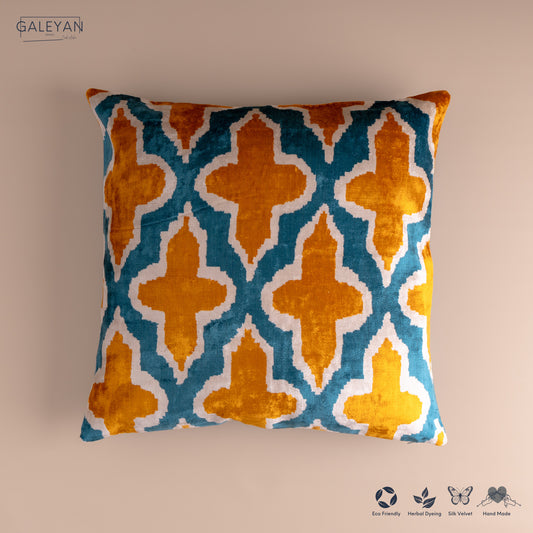 Silk Velvet Ikat Cushion – Off White/Turquoise/Saffron Gold