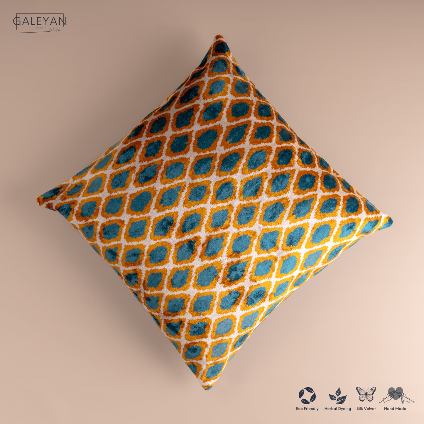 Silk Velvet Ikat Cushion – Off White/Turquoise/Saffron Gold