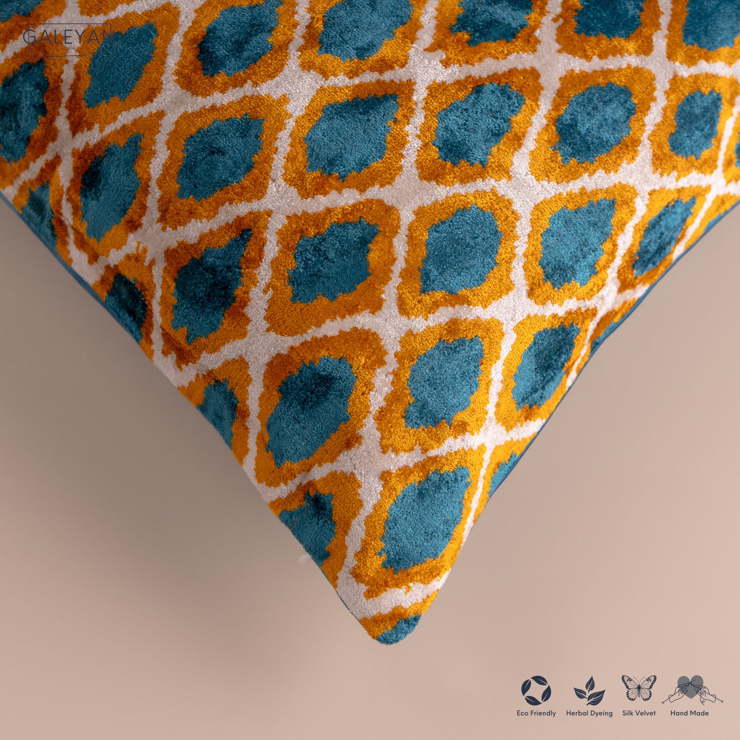 Silk Velvet Ikat Cushion – Off White/Turquoise/Saffron Gold