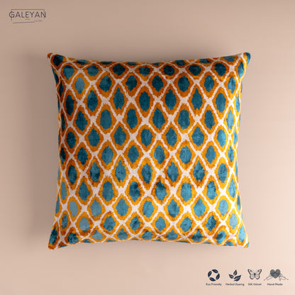 Silk Velvet Ikat Cushion – Off White/Turquoise/Saffron Gold