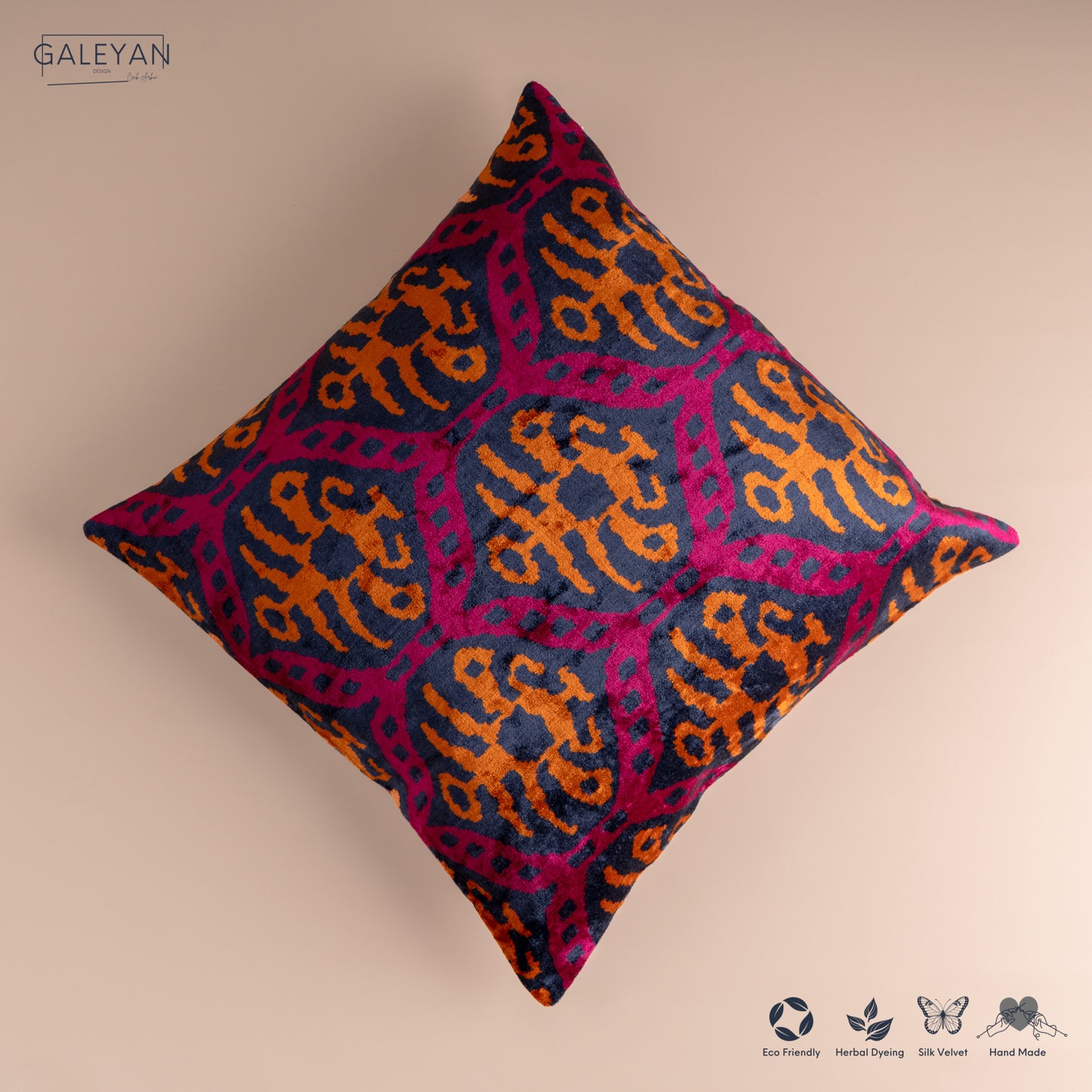 Silk Velvet Ikat Cushion – Midnight Indigo/Amber/Plum Velvet