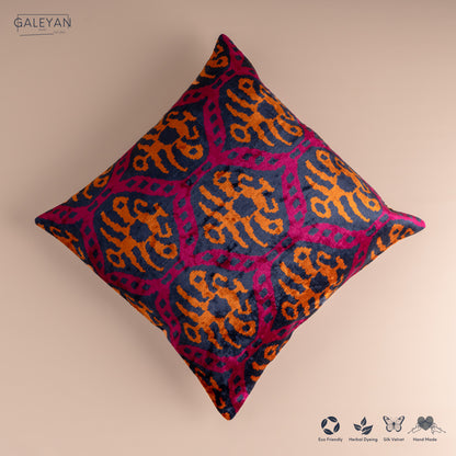 Silk Velvet Ikat Cushion – Midnight Indigo/Amber/Plum Velvet