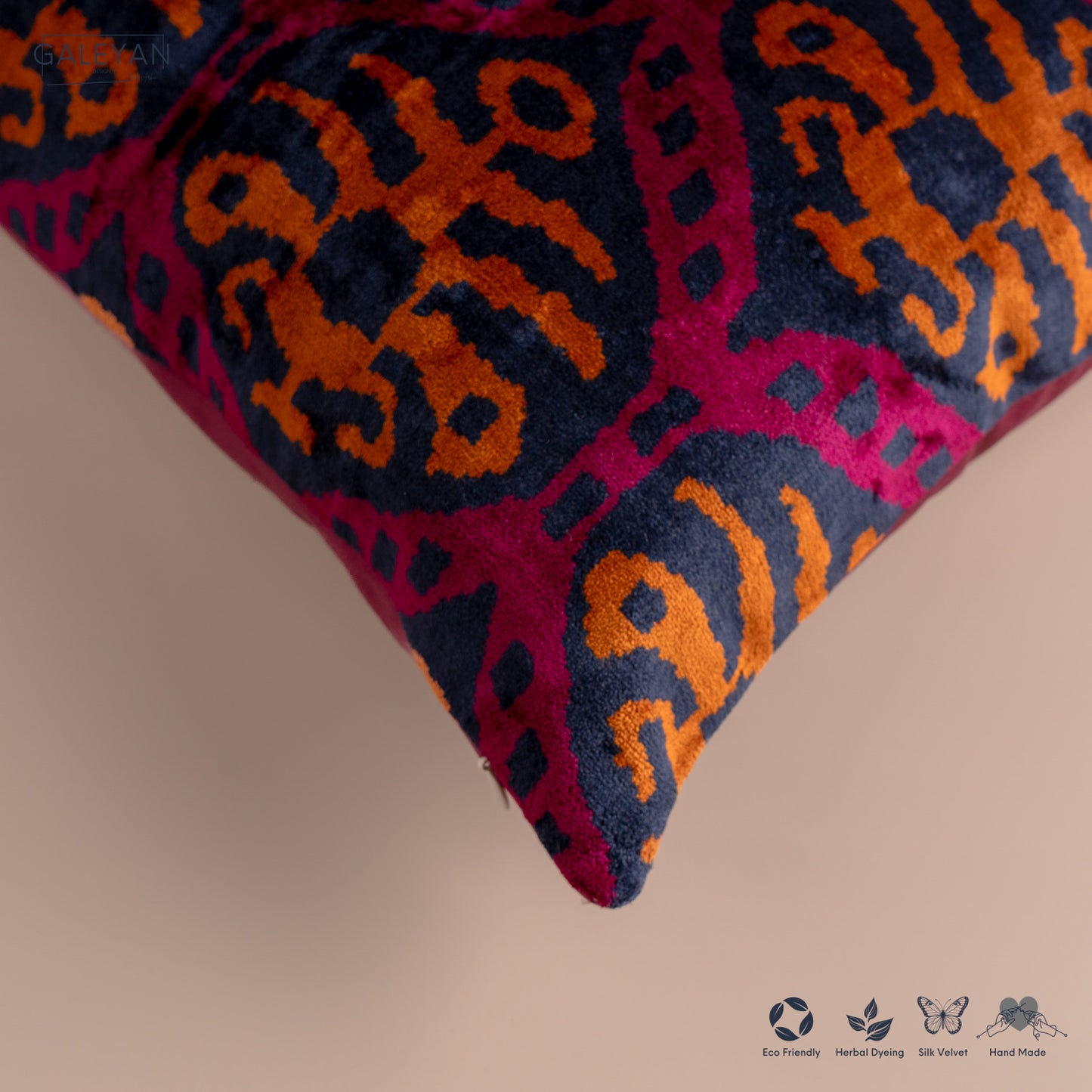 Silk Velvet Ikat Cushion – Midnight Indigo/Amber/Plum Velvet