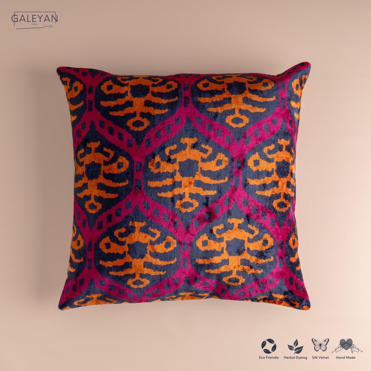 Silk Velvet Ikat Cushion – Midnight Indigo/Amber/Plum Velvet